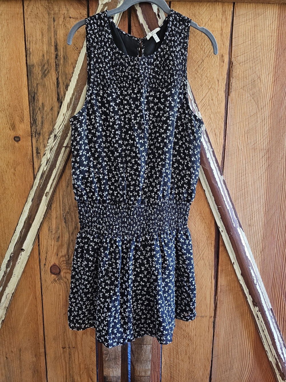 Joie Black Floral Smocked Waist Sleeveless Dress - Medium